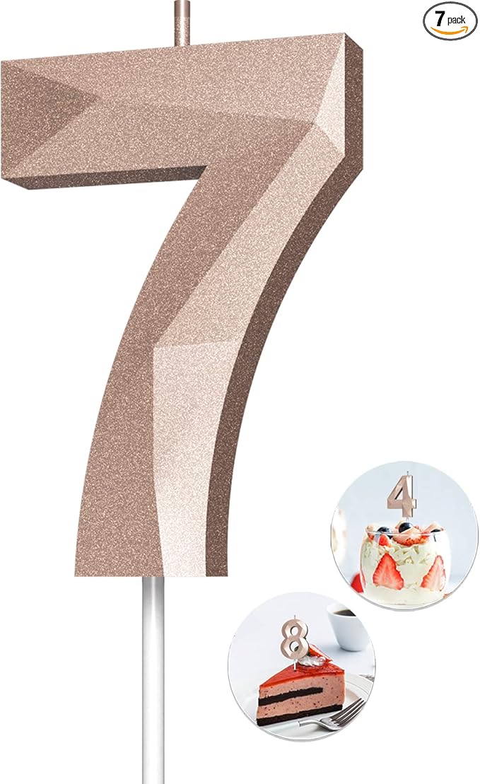 Number Birthday Candles(7 Candle Rose Gold) 3D Diamond Shape Number Happy Birthday Cake Candles for Birthday Party Wedding Decoration Reunions Theme Party