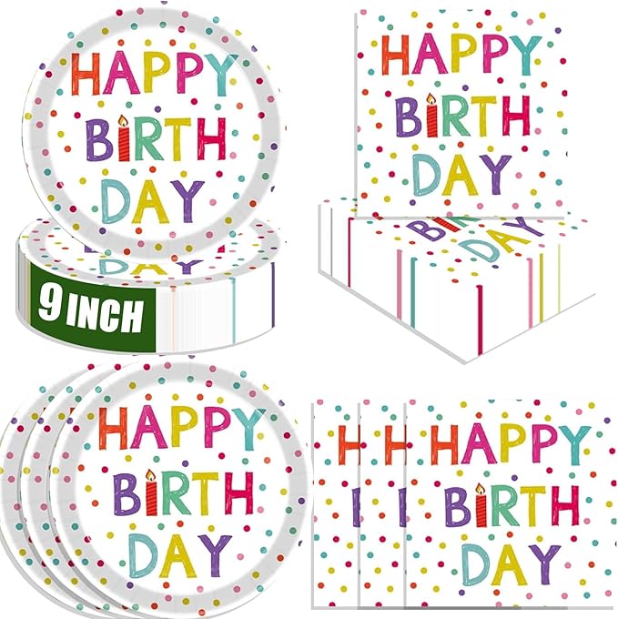 40 Pcs Birthday Plates and Napkins Party Supplies,9-inch Disposable Happy Birthday Dots Dinner Paper Tableware Set for Baby Shower,Party Decoration Serves 20
