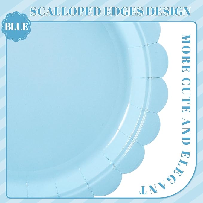 NatNarr 30 Pcs Light Blue Plates, 9 Inch Scalloped Graduation Plates Blue Dessert Party Plate Cute Paper Plate for kindergarten Graduation, Boy Baby Shower, Birthday