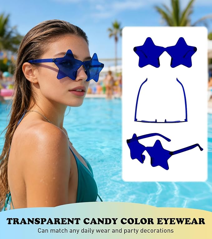 Matcheck 48 Pack Star Rimless Sunglasses Frameless Colored Party Glasses Transparent Fun Eyewear for Adult