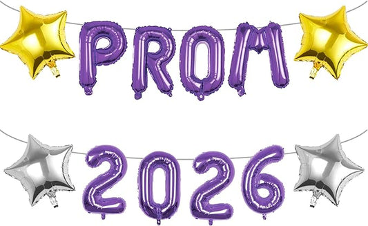 Prom 2026 Balloons Decorations, 16 Inch Foil Letter Number Balloons with 18 Inch Silver Purple Star Balloons for High School College Graduation Gift Retirement Ins Photo Party Supplies