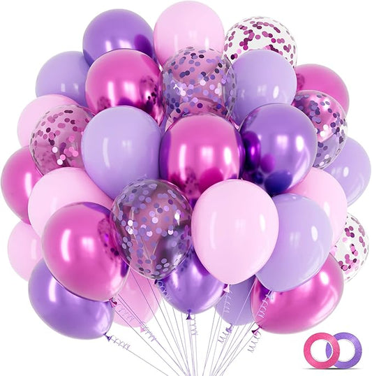 68pcs Pink and Purple Balloons, 12 Inch Metallic Purple Pink Confetti Latex Balloons with Ribbon, Party Balloons for Girls Birthday Baby Shower Wedding Party Decorations