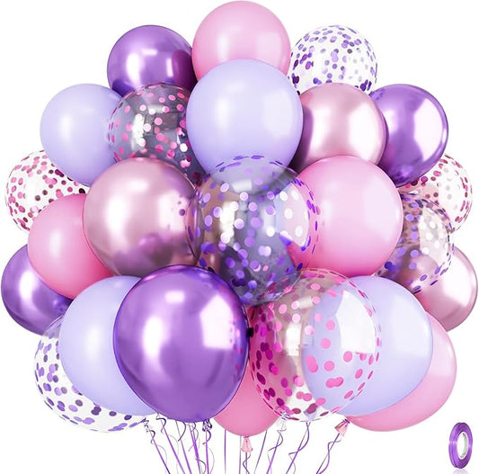 Pastel Pink and Purple Balloons, 12 Inch Metallic Purple Lilac Pink Confetti Balloons Set for Girls Women Kpop Butterfly Birthday Baby Bridal Shower Wedding Princess Disco Music Party Decorations