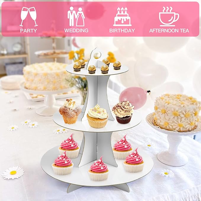 Soleebee 3-Tier Round Cupcake Stand, Cardboard Cupcake Tower, Dessert Cup Cake Stand Tower for Birthday Wedding Party Decoration, Cupcake Tier Stand 2 Set (White)