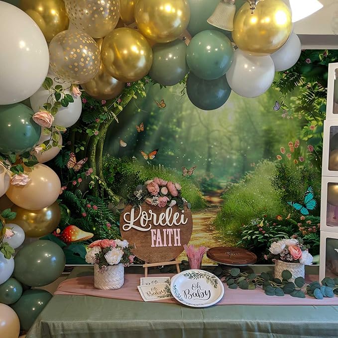 Mocsicka Enchanted Forest Backdrop Fairy Magic Wonderland Birthday Party Decorations for Girls Butterfly Garden Photography Background (Green, 70.8x43.3 inch)