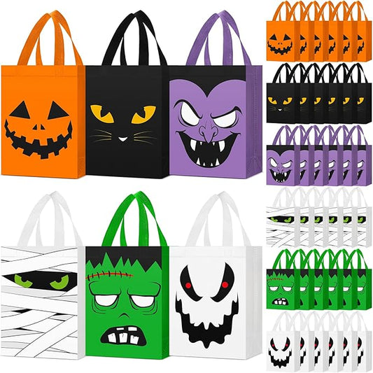 Locmeo 24 Pcs Large Halloween Candy Bags Reusable Non Woven Halloween Favor Bags Cat Ghost Vampire Zombie Pumpkin Tote Bag with Handles Bulk for Kids Birthday Party