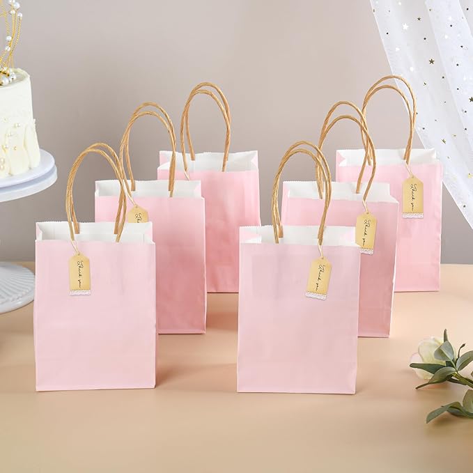DjinnGlory 60 Pack Mini Pink Paper Bags with Handles Bulk 6.3x4.7x2.75 Inch for Birthday Wedding Baby Shower Party Favors, Treats, Goodies, Christmas Gifts, Tiny Small Business Bags