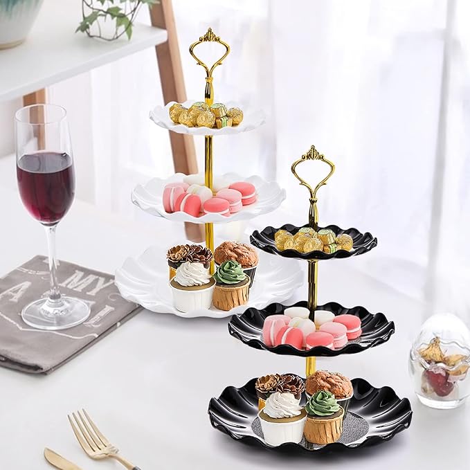 DEAYOU 4 Pack 3 Tier Cupcake Dessert Stand, Plastic Tiered Cake Stand Display Tower, Pastry Serving Tray Platter Rack Holder for Buffet, Cookie, Party, Wedding, Home Decor, White Gold, Black Gold