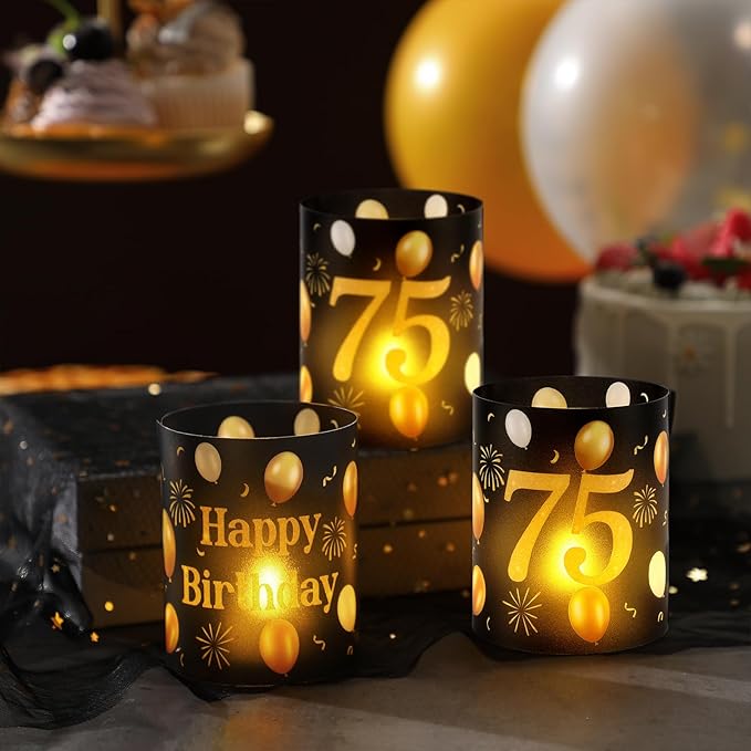 10 Sets 75th Happy Birthday Centerpieces for Table Black and Gold Birthday Decorations Lantern Boxes with Tea Lights Candles Centerpieces for Men Women 75th Party Supplies