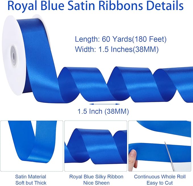 woric Royal Blue Ribbon 1 1/2 Inch 60 Yards Blue Satin Ribbons for Graduation Leis Flower Roses Bouquet Bows Making Gift Wrapping Birthday Party Decorations