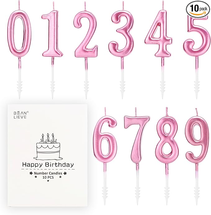 Beanlieve Rose Gold Birthday Candles - Cake Numeral Candles Number 0-9 Glitter Cake Topper Decoration for Birthday,Wedding Anniversary,Party Celebration(10 Pieces)