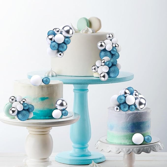 101 Pcs Teal Blue Theme Ball Cake Decorations - Teal Blue Silver White Ball Dessert Picks & Cupcake Toppers, Wedding Bridal Shower Birthday Party Baby Shower Gender Reveal Cake Supplies