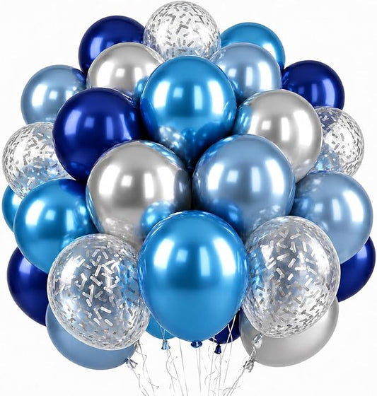 Blue and Silver Balloons, 50PCS 12 Inch Metallic Blue Silver Balloons Dark Navy Confetti Party Latex Balloon Baby Blue Mixed Balloon for Birthday Graduation Shower Wedding Retirement