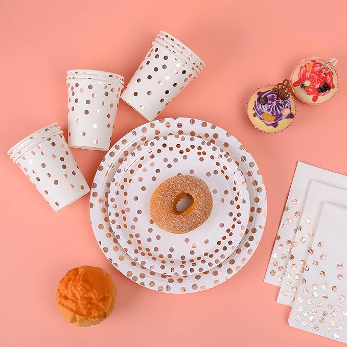 200Pcs Rose Gold Party Supplies - Rose Gold Dot on White Paper Plates and Napkins Cups Silverware Serves 25 Sets for Wedding Bridal Shower Engagement Birthday Parties.(Rose gold dot)