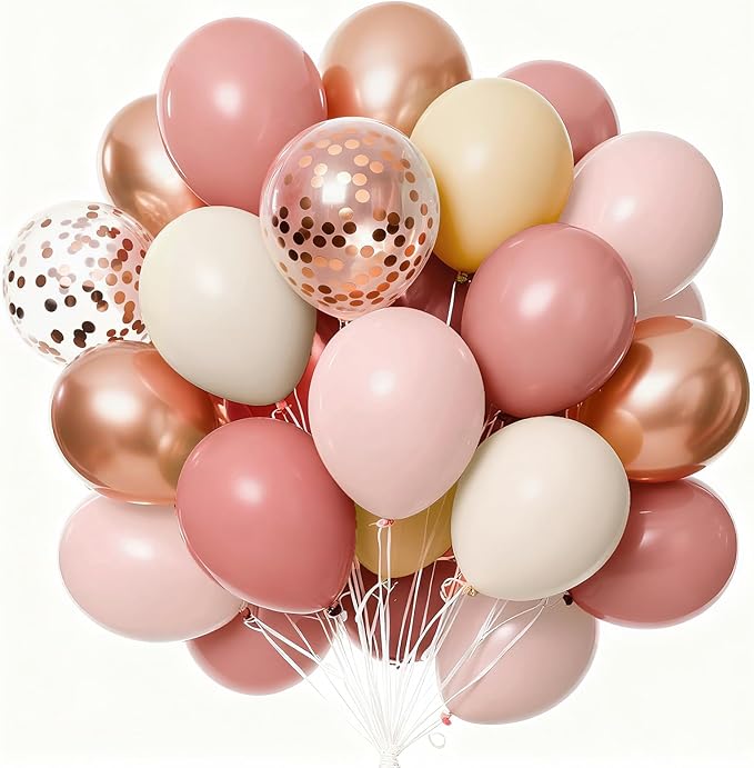 PartyWoo Dusty Pink Balloons 66pcs 12 Inch Blush Rose Pink Metallic Rose Gold Nude Boho White Sand Confetti Balloons for Baby Shower Birthday Gender Reveal Wedding Anniversary Party Decorations
