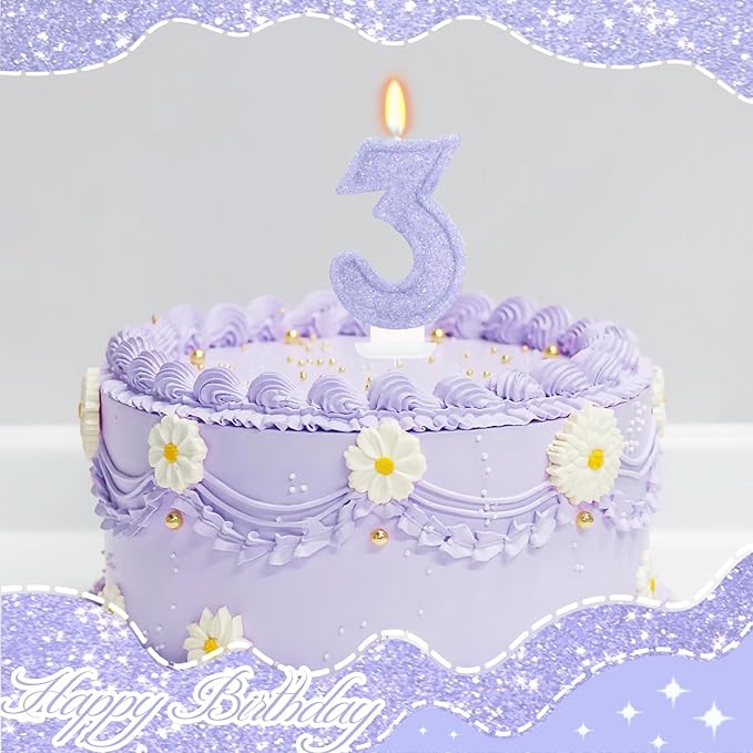 Purple Birthday Candles for Girls - Number 3 Candle Cake Topper for Purple Fairy Birthday Party Decorations