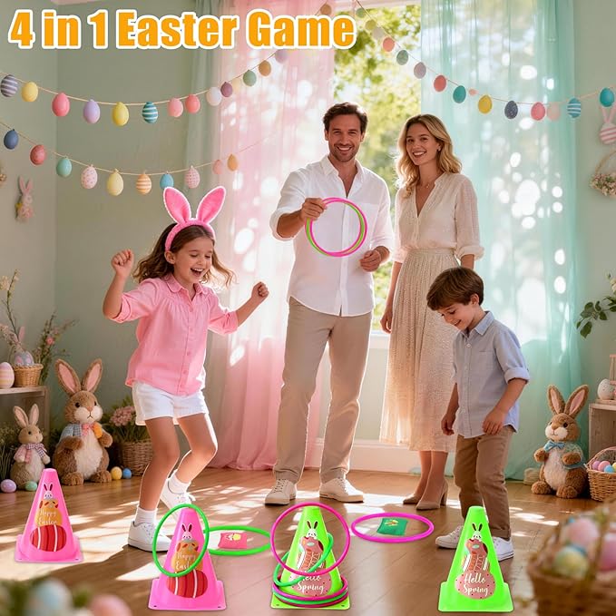 4 in 1 Easter Outdoor Games for Kids and Family, Easter Party Game with Ring Toss, Plastic Cones, Bean Bags, 3-Legged Race Bands, Carnival Spring Games Activities Combo Set for Adult Yard Classroom