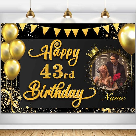Custom Happy 43rd Bday Decors Banner -43 Years Old Backdrop for Women Men Boys Girls - Personalization Party Supplies Black and Gold 4x6ft/5x7.5ft/6x9ft/7x10.5ft/8x12ft