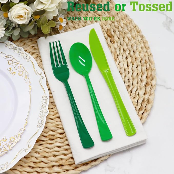 180 PCS Gradient Green Plastic Silverware Heavy Duty Green Cutlery Disposable Set Include 60 Forks, 60 Knives, 60 Spoons for Birthday, Graduation Party, Christmas, St. Patrick's Day