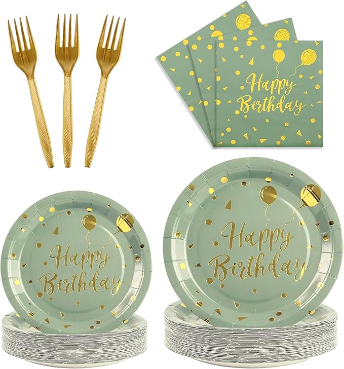 96PCS Happy Birthday Plates and Napkins Party Supplies, Sage Green and Gold Disposable Paper Plates and Napkins with Forks Tableware Set for Birthday Party Decorations 24 Guests (Birthday Sage Green)