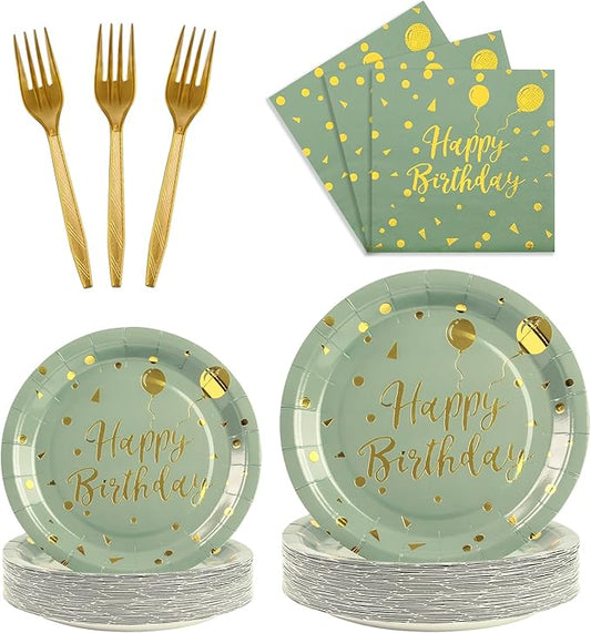96PCS Happy Birthday Plates and Napkins Party Supplies, Sage Green and Gold Disposable Paper Plates and Napkins with Forks Tableware Set for Birthday Party Decorations 24 Guests (Birthday Sage Green)