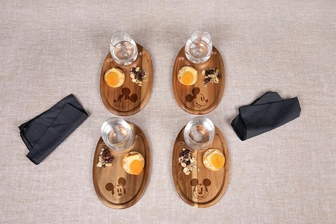 PICNIC TIME Disney Mickey Mouse Wine Appetizer Plate Set of 4 with Glass Holder, Acacia Wood Cocktail Plates for Cheese Charcuterie and Entertaining with Cutout Wine Slot, (Acacia Wood)