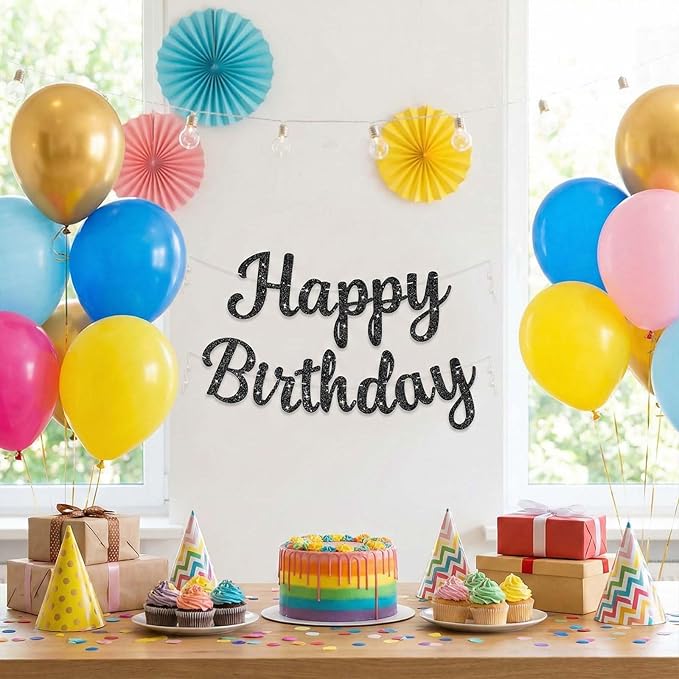 Glitter Happy Birthday Banner Sign,Reusable Birthday Party Decorations, DIY Party Supplies for Women Men Boys Girls,Celebration Decor Garland Wall Backdrop Banners (Black)