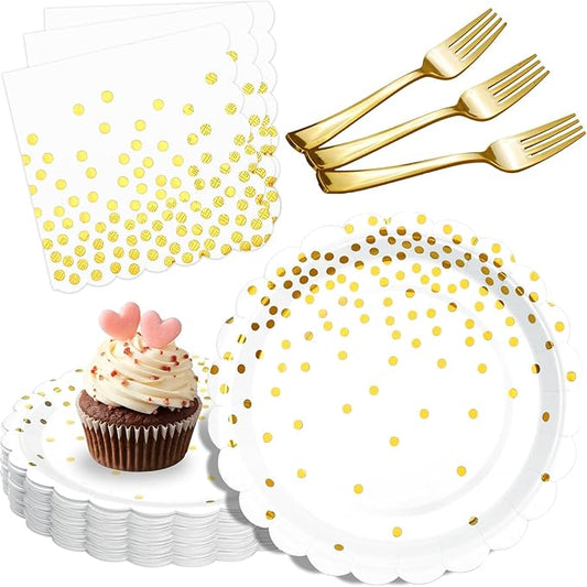 Gold Plates and Napkins Party Supplies, 35 7??White and Gold Party Paper Plates, Disposable Plate for Wedding Birthday Birthday Decoration Tableware