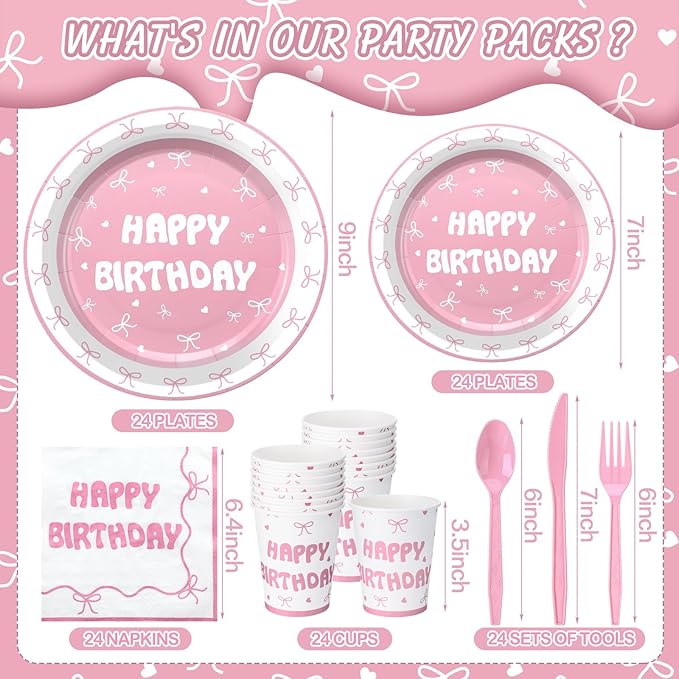 168 Pcs Bow Party Favors Coquette Birthday Decorations Wedding Spring Pink Bow Birthday Supplies Includes Pink Napkins Plates Forks and Theme Tableware Party Supplies Decor
