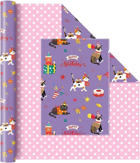 WERNNSAI Cat Birthday Wrapping Paper Roll - 1 Roll 17”x 66 ft Reversible Cat Gift Wrap Pink Purple Wrapping Paper for Girls Kids Birthday Party Gift Wrap with Polka Dot Design