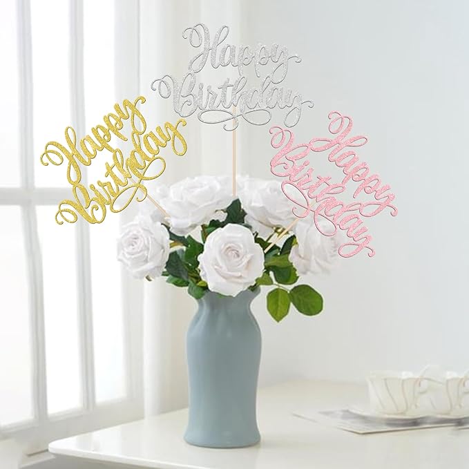 12 PCS Happy Birthday Centerpieces Sticks Double Sided Glitter Birthday Party Decorations Anniversary Table Flower Centerpiece for Celebrating Birthday Party Centerpieces Supplies Multi 4 Colors