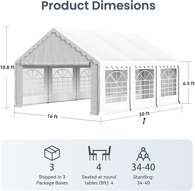 PHI VILLA 16x20 Outdoor Heavy Duty Party Tent, Large Party Canopy Wedding Event Tent with Removable Sidewalls & 3 Storage Bags for Patio Outdoor Garden Events, White