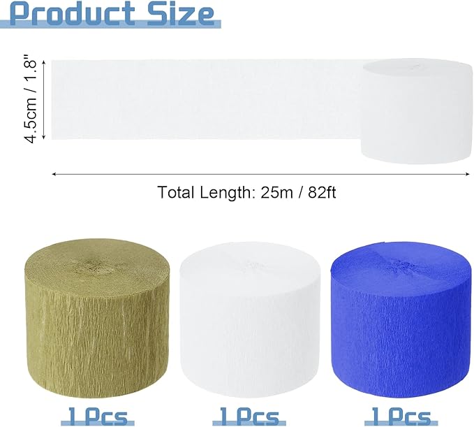 MECCANIXITY 3 Roll 246 ft Crepe Paper Streamers, Wedding Decoration Streamers Party Decoration for Wedding Valentine's Day Festival Backdrop, Blue,White,Gold