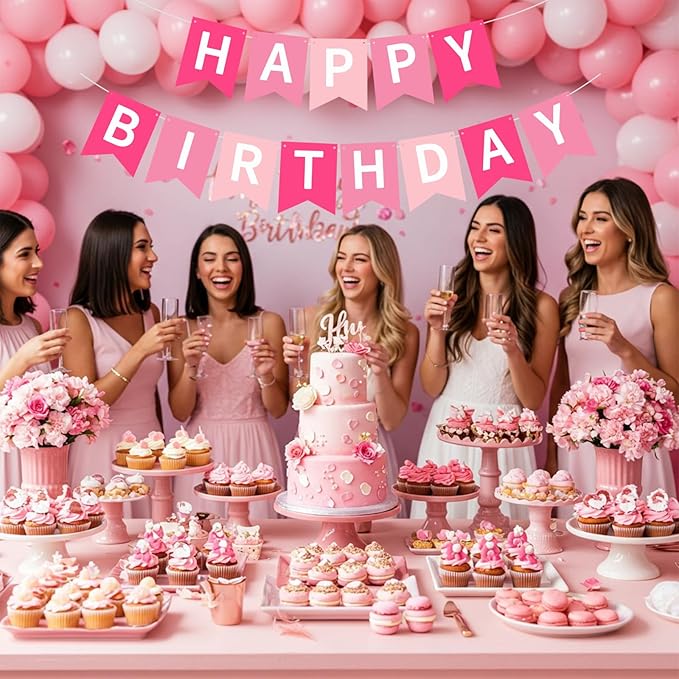 Happy Birthday Banner Pre-Strung Birthday Decorations Birthday Party Backdrop Sign Garland Party Supplies for Women Men Boys Girls,NO-DIY Pink