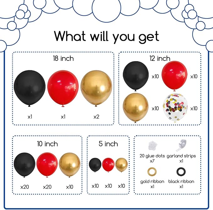 COKAOBE Red Black and Gold Balloons Garland Kit, 124pcs Red Black Metallic Gold Confetti Balloon Arch Kit for Wedding, Birthday Graduation Baby Shower Celebrations Anniversary Party Decorations