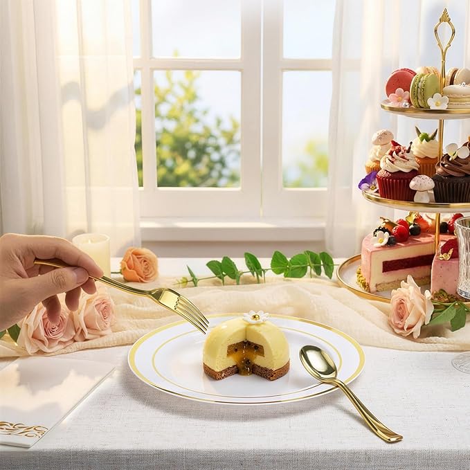Goodluck 100 PCS Gold Plastic Silverware, Heavy Duty Plastic Cutlery Includes 50 Forks and 50 Spoons, Elegant Disposable Utensils, Durable Flatware for Parties, Weddings Catering and Dinners