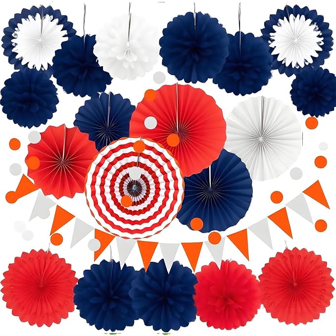 XIKSXITN 12 pcs Red White and Blue Tissue Paper Pom-Poms - Hanging Paper Flowers Ball for Party Decorative (10&12 inch)