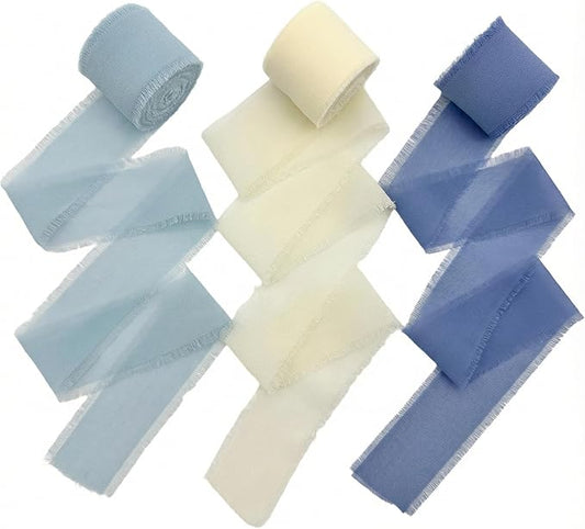 Frayed Edge Chiffon Ribbon 3 Pack, 1.5 Inch Wide Polyester Ribbon, 21 Yards Total in Sky Blue, Beige and Smoky Blue for Wedding Bouquet Wrapping, Gift Packaging and DIY Crafts