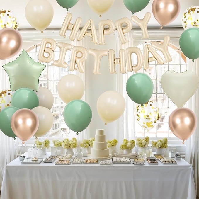 Sage Green Birthday Decorations for Men Women Boys Girls,Sage Green Beige Gold balloons Happy Birthday Balloons Banner Confetti Balloons for Birthday Baby Shower Party Decorations