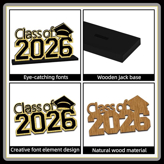 4Pcs Black and Gold Graduation Decorations Class of 2026 Congrats Grad Wooden Table Centerpieces Grad Table Toppers Congratulate Tiered Tray Decor for 2026 Graduation Decorations