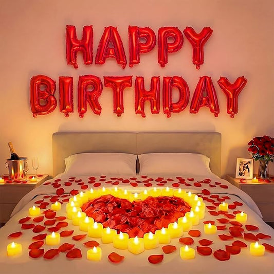 Red Happy Birthday Balloons Decorations Happy Birthday Letter Balloons Banner Set with 24pcs Heart Flameless LED Candles and 2000pcs Artificial Rose Petals for Women Men Room Party Decor