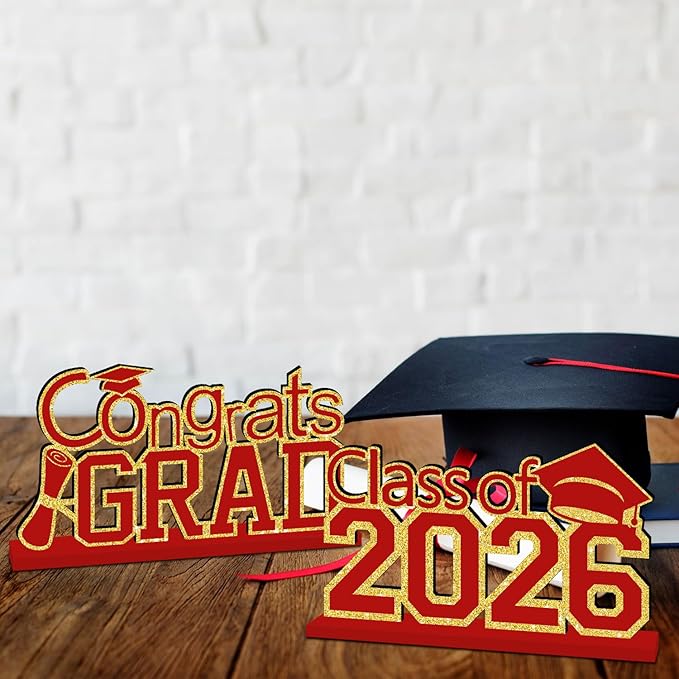4Pcs Red and Gold Graduation Decorations Class of 2026 Congrats Grad Wooden Table Centerpieces Grad Table Toppers Congratulate Tiered Tray Decor for 2026 Graduation Decorations
