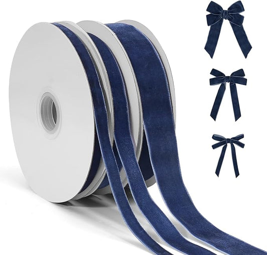 Navy Blue Velvet Ribbon for Gift Wrapping, 3 Rolls Vintage Thin Velvet Ribbon Set for Christmas Tree Decoration, 3/8, 5/8, 1 inch Wide, 30 Yards Totally, Thick Christmas Ribbons for Bow Ornaments