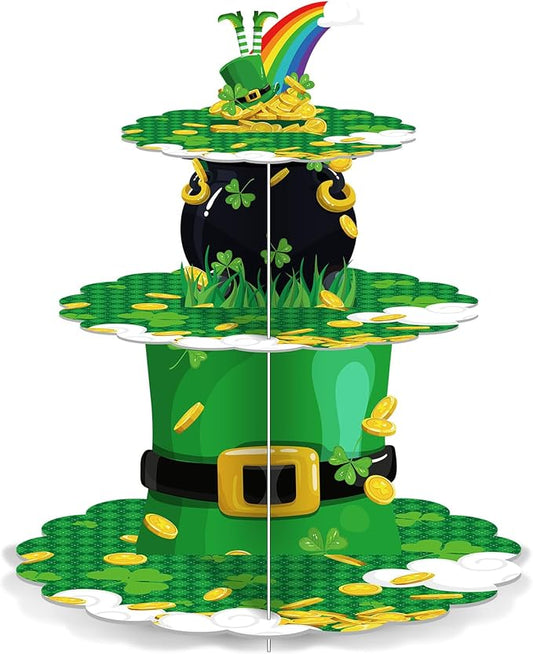 Zopeal 3 Tier St. Patrick's Day Cupcake Stand Party Decorations Green Shamrock Cupcake Stand Dessert Holder Irish Clover Cake Holder Lucky Dessert Tower for Kids Irish Birthday Party Supplies
