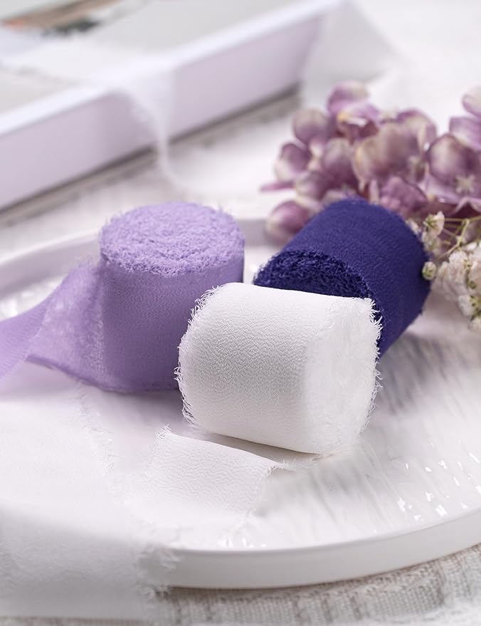 Chiffon Ribbon, Purple White 1.5''x21Yd Frayed Fringe Silk Ribbon for Gift Wrapping, Handmade Ribbons for Crafts, Wedding, Halloween, Birthday, Graduation, Engagement, Bridal Shower, 3 Rolls