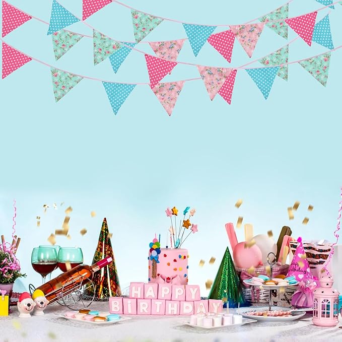 Zwiebeco 32Ft Pink Blue Circle Dots Floral Fabric Bunting Triangle Flags Cotton Flowers Pennant Banner Decorations for Birthday Wedding Engagement Tea Party Spring Rustic Village Home Garden Décor