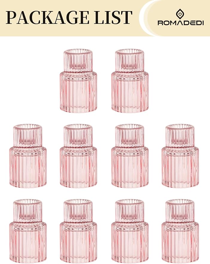 Romadedi Pink Glass Candle Holders - 10 Pcs Ribbed Candlestick Holder Bulk for Table Centerpiece Elegant Taper Holder for Wedding Birthday Party Baby Showers Valentines Mother's Day Christmas