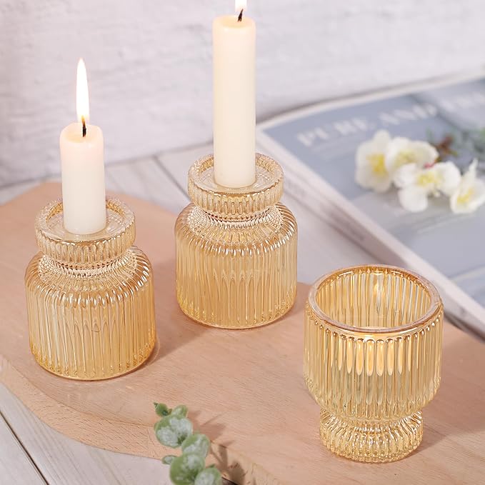 DARJEN 6 Pcs Gold Candlestick Holders - Glass Taper Candle Holders Tealight Votive Candle Holders for Table Centerpieces, Wedding, Dinner Party, Home, Gifts (Pack of 2)