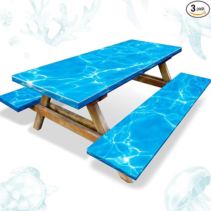 Boao 3 Pcs Vinyl Picnic Table Cover with Bench Cover 6 ft 30 x 72 Inch Waterproof Fitted Tablecloth Flannel Backing Rectangular Elastic Edged for Camping Outdoor Patio Travel(Seawater)
