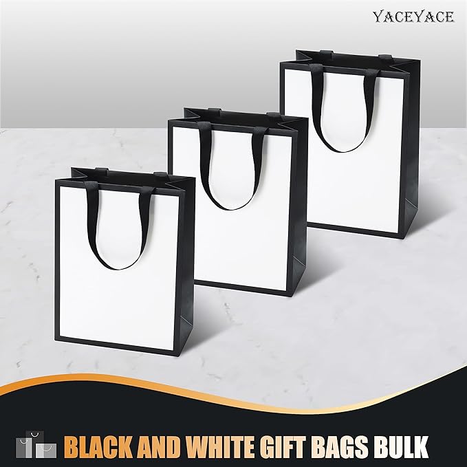 White and Black Gift Bags, 20Pcs 8"x4.25"x10.5" Medium Gift Bags Bulk,White Black Gift Bags with Handles,Gift Bags for Wedding,Party, Retail
